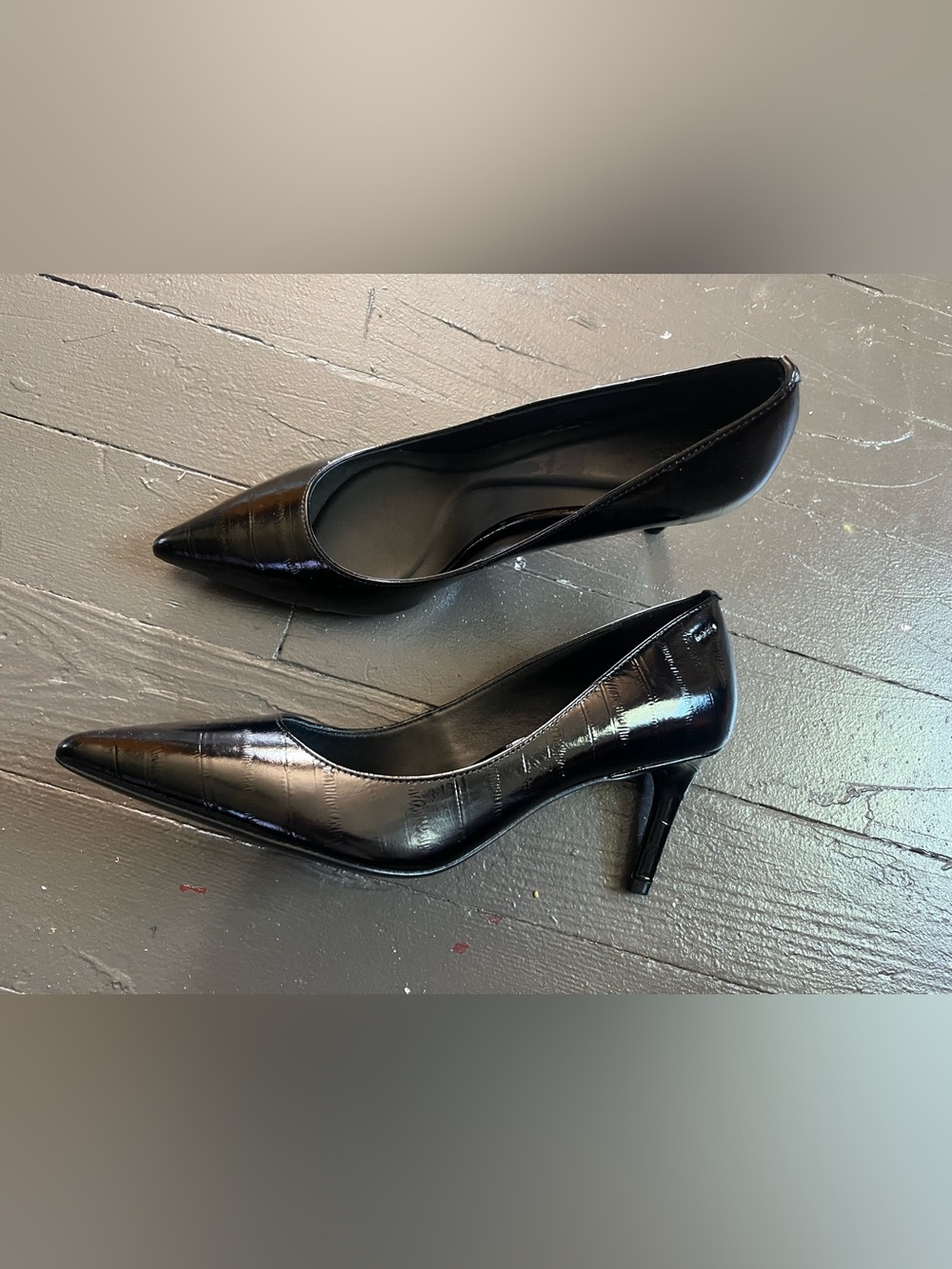 Boss Black Patent Croc-Embossed Pointed-Toe Mid Heel Pumps